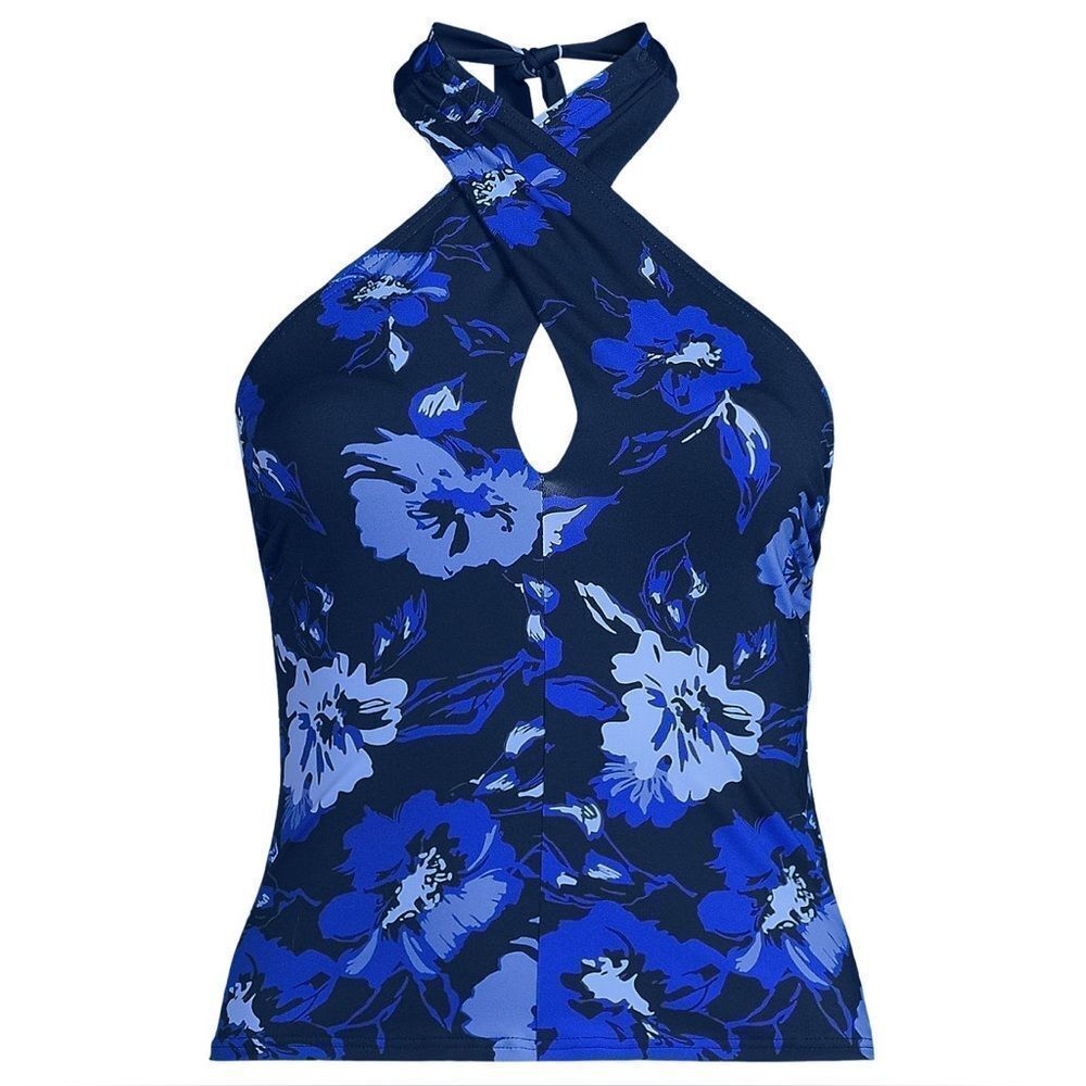 Land's End Criss Cross Halter tankini swim top deep sea navy floral cascade 12